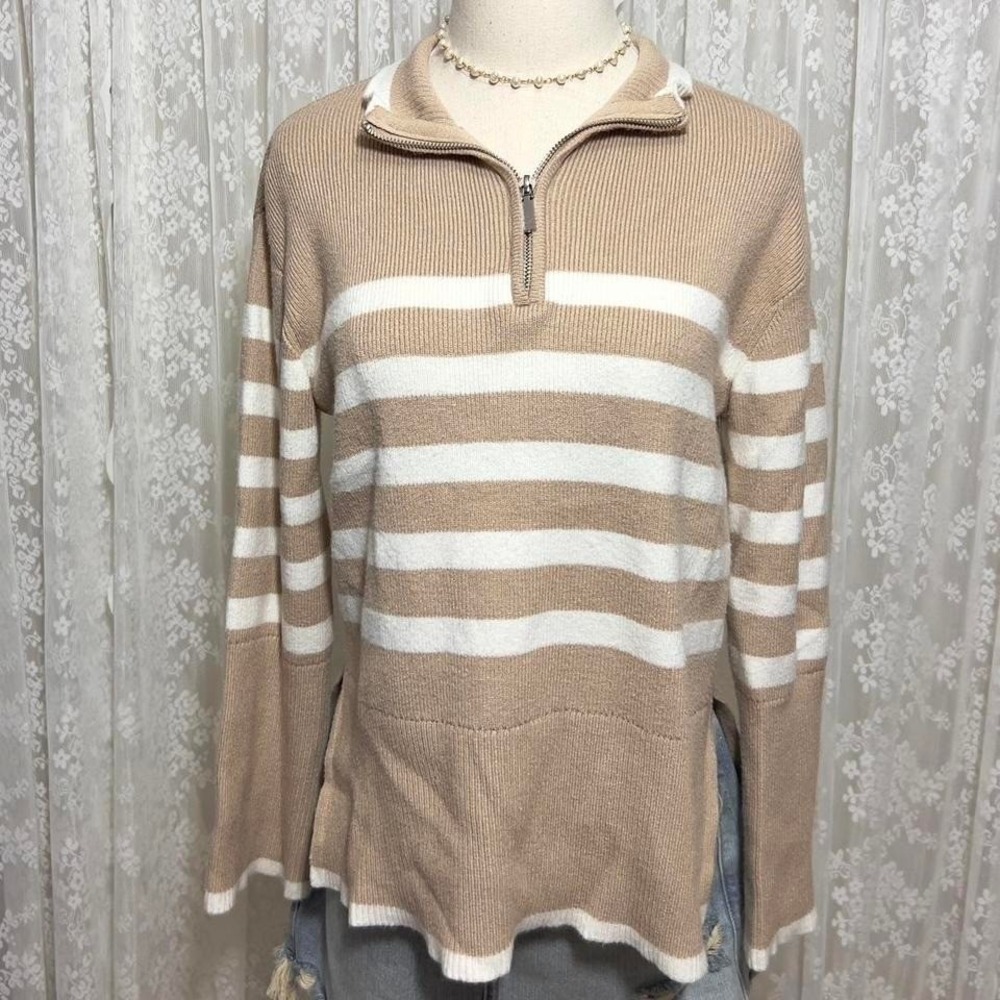 Tan Striped Sweater Womens S‎ Quarter Zip Pullover Nautical Mock Neck